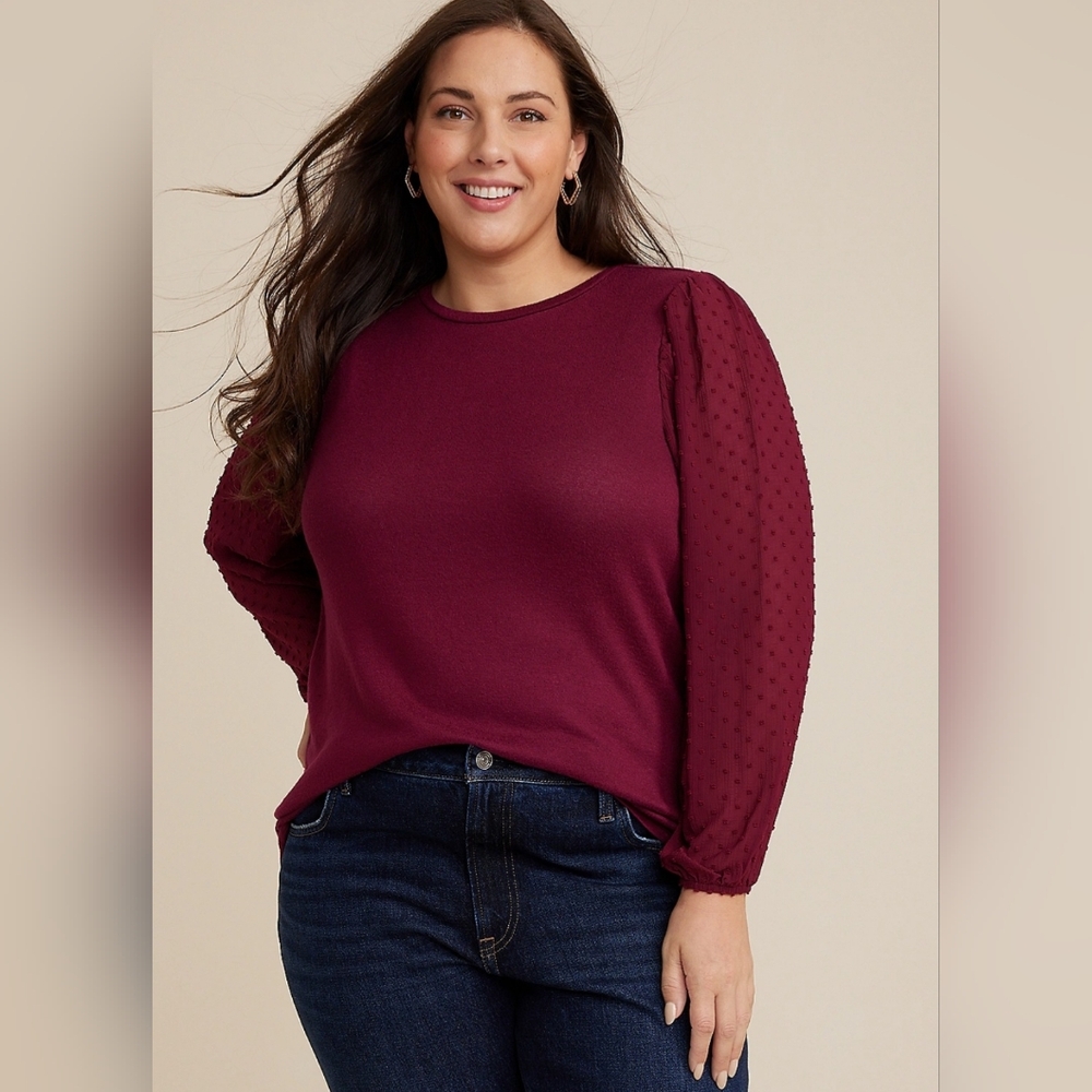Maurices Burgundy Clip Dot Sleeve Top